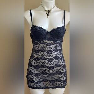Rampage Naval Blue Lace Chemise  Adjustable Straps Key Hole & Hook Closure Sz S